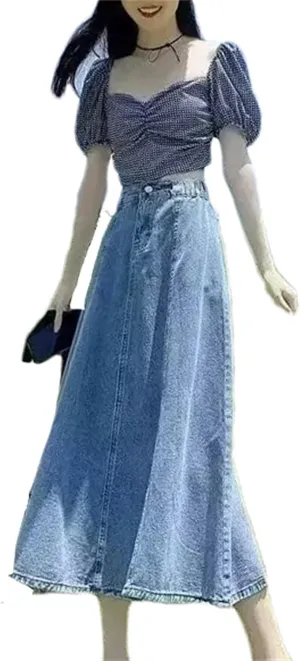 Women's Denim Skirt  Medium-Length High-Waisted A-Line Umbrella Skirt Summer Casual Elastic Waist Pockets for Work
