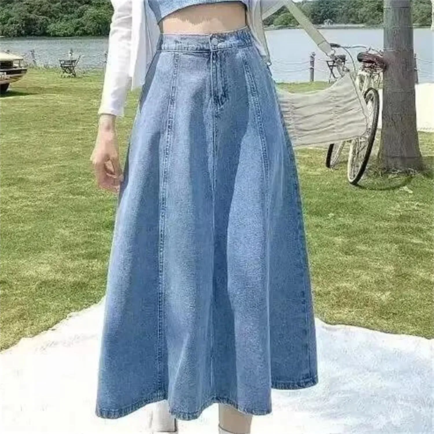Women's Denim Skirt  Medium-Length High-Waisted A-Line Umbrella Skirt Summer Casual Elastic Waist Pockets for Work