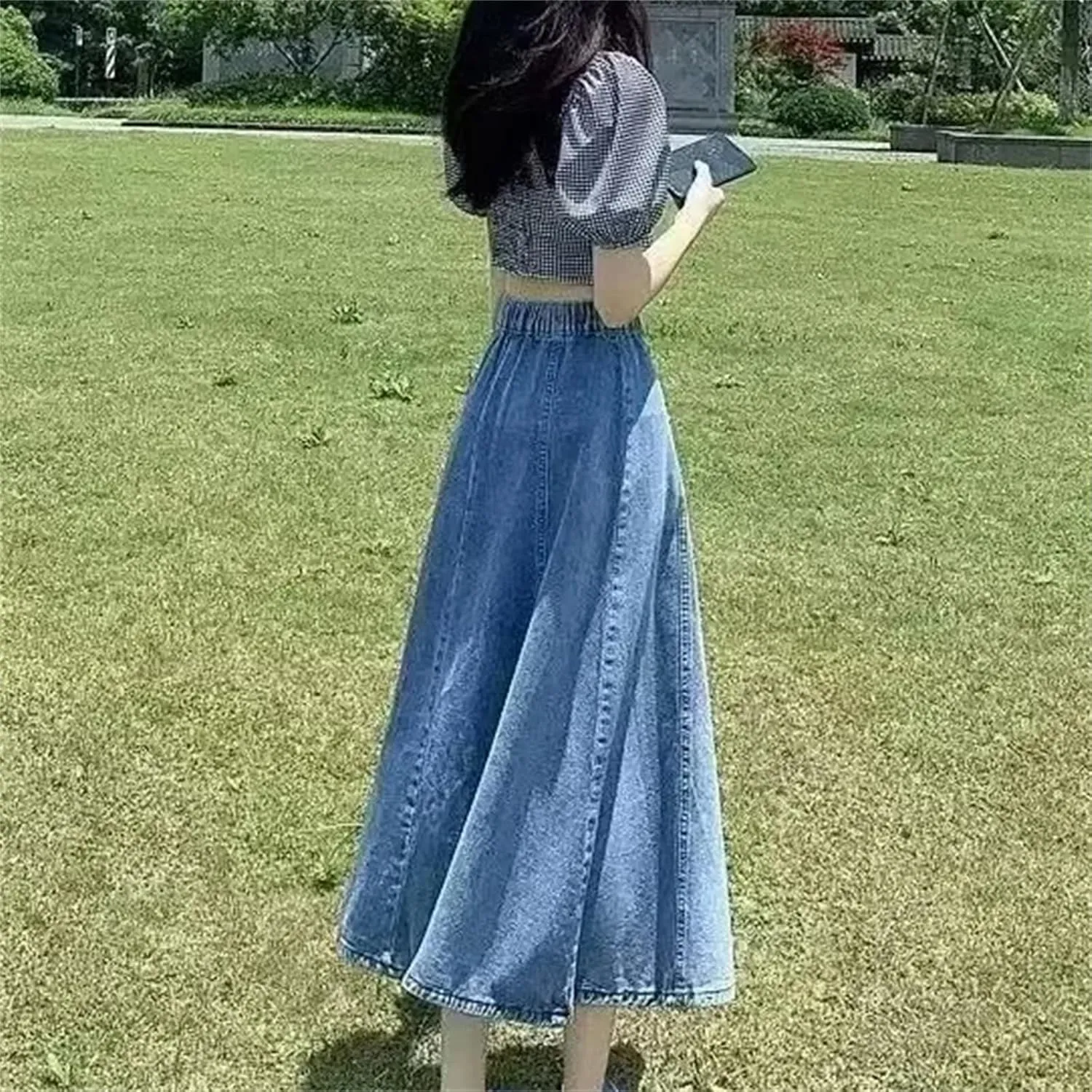 Women's Denim Skirt  Medium-Length High-Waisted A-Line Umbrella Skirt Summer Casual Elastic Waist Pockets for Work