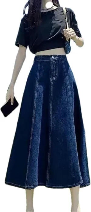 Women's Denim Skirt  Medium-Length High-Waisted A-Line Umbrella Skirt Summer Casual Elastic Waist Pockets for Work