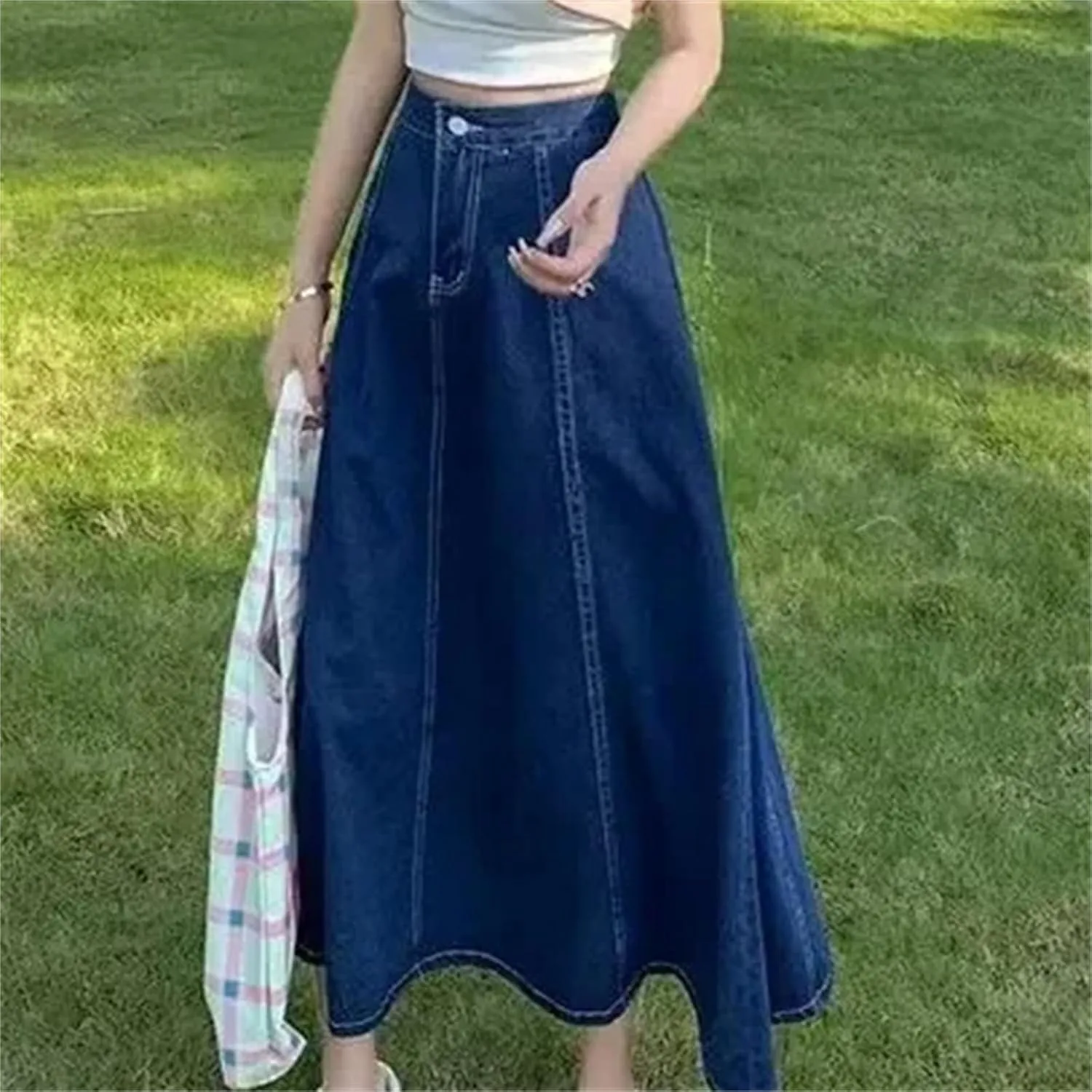 Women's Denim Skirt  Medium-Length High-Waisted A-Line Umbrella Skirt Summer Casual Elastic Waist Pockets for Work