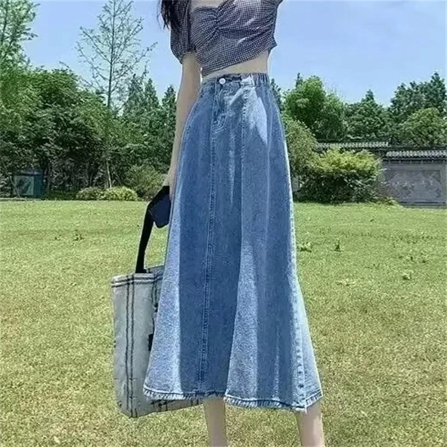 Women's Denim Skirt  Medium-Length High-Waisted A-Line Umbrella Skirt Summer Casual Elastic Waist Pockets for Work