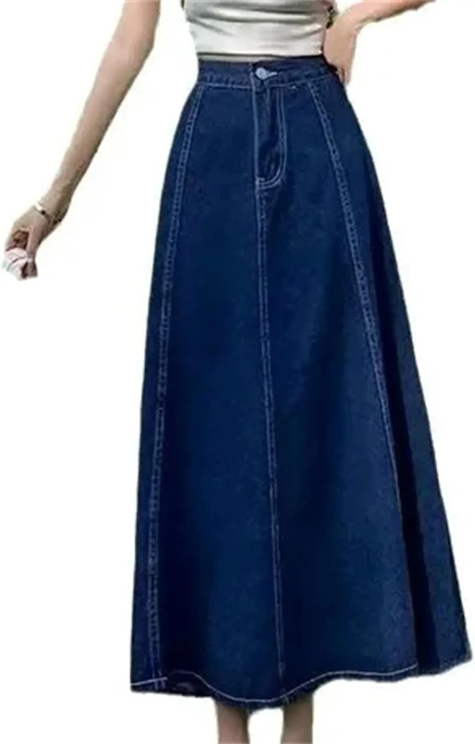 Women's Denim Skirt  Medium-Length High-Waisted A-Line Umbrella Skirt Summer Casual Elastic Waist Pockets for Work
