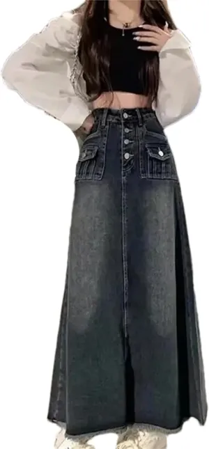 Women's Denim Skirt  Petite Vintage A-Line High-Waisted Slimming Mid-Length Dress for Spring