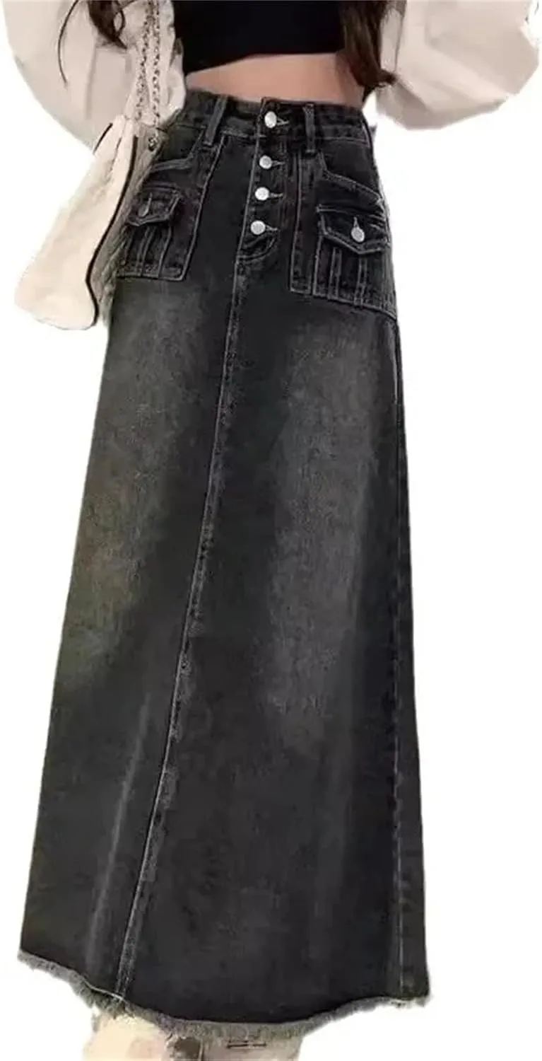 Women's Denim Skirt  Petite Vintage A-Line High-Waisted Slimming Mid-Length Dress for Spring