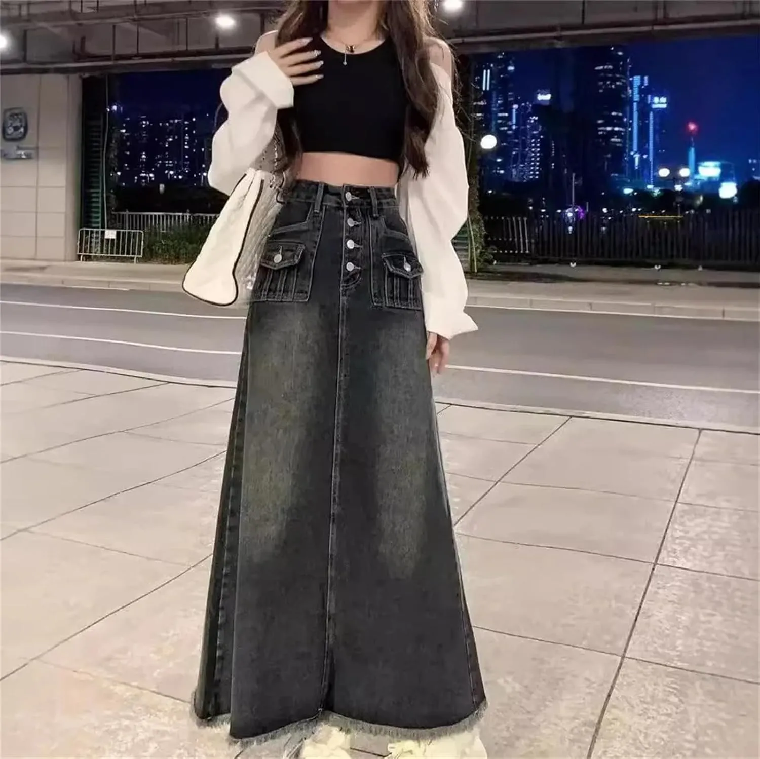Women's Denim Skirt  Petite Vintage A-Line High-Waisted Slimming Mid-Length Dress for Spring