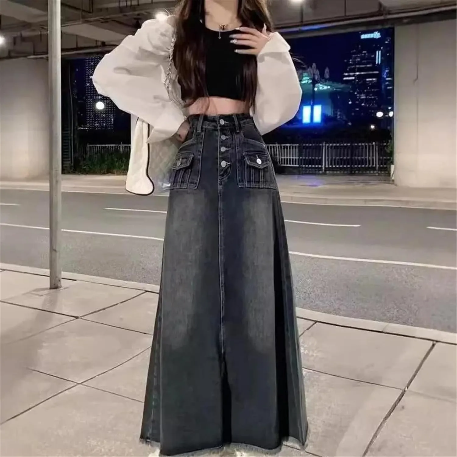 Women's Denim Skirt  Petite Vintage A-Line High-Waisted Slimming Mid-Length Dress for Spring
