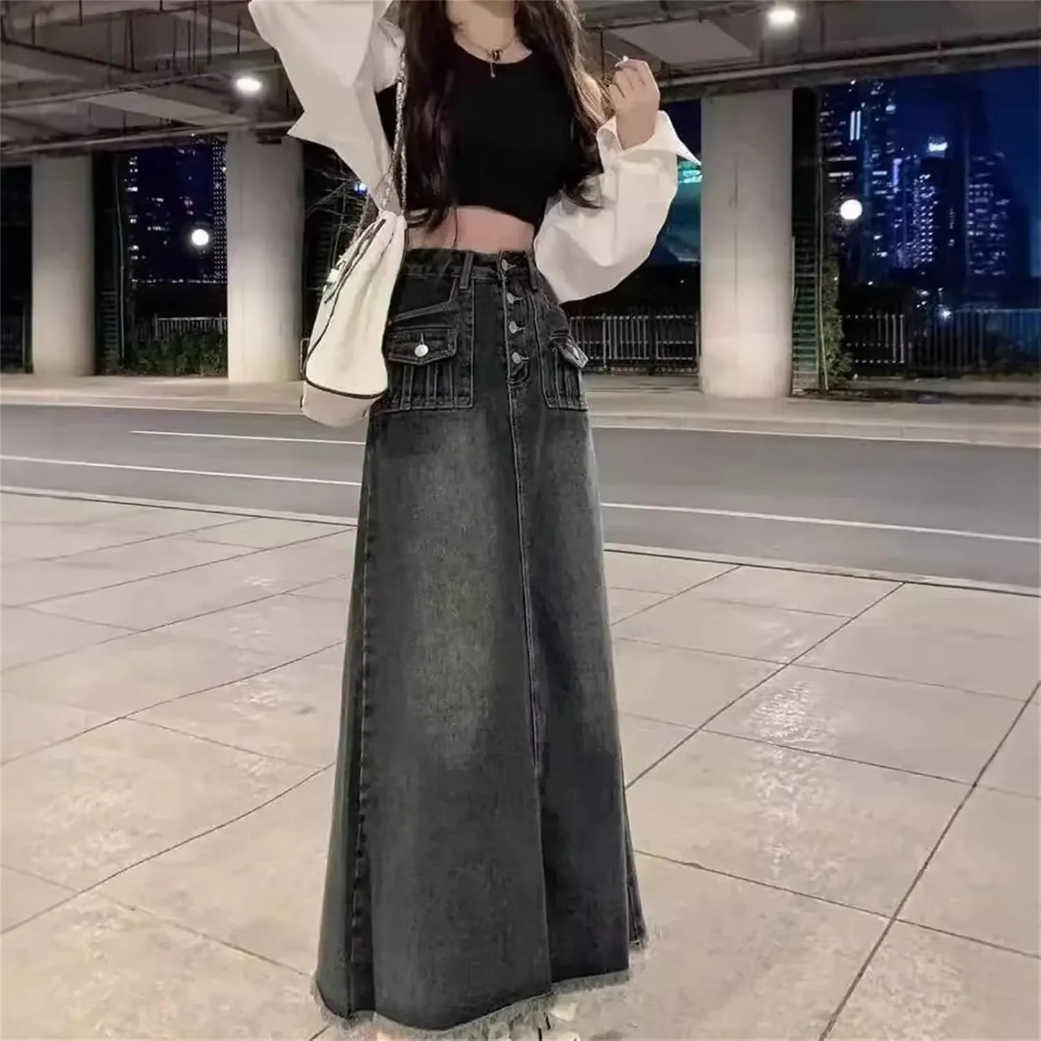 Women's Denim Skirt  Petite Vintage A-Line High-Waisted Slimming Mid-Length Dress for Spring