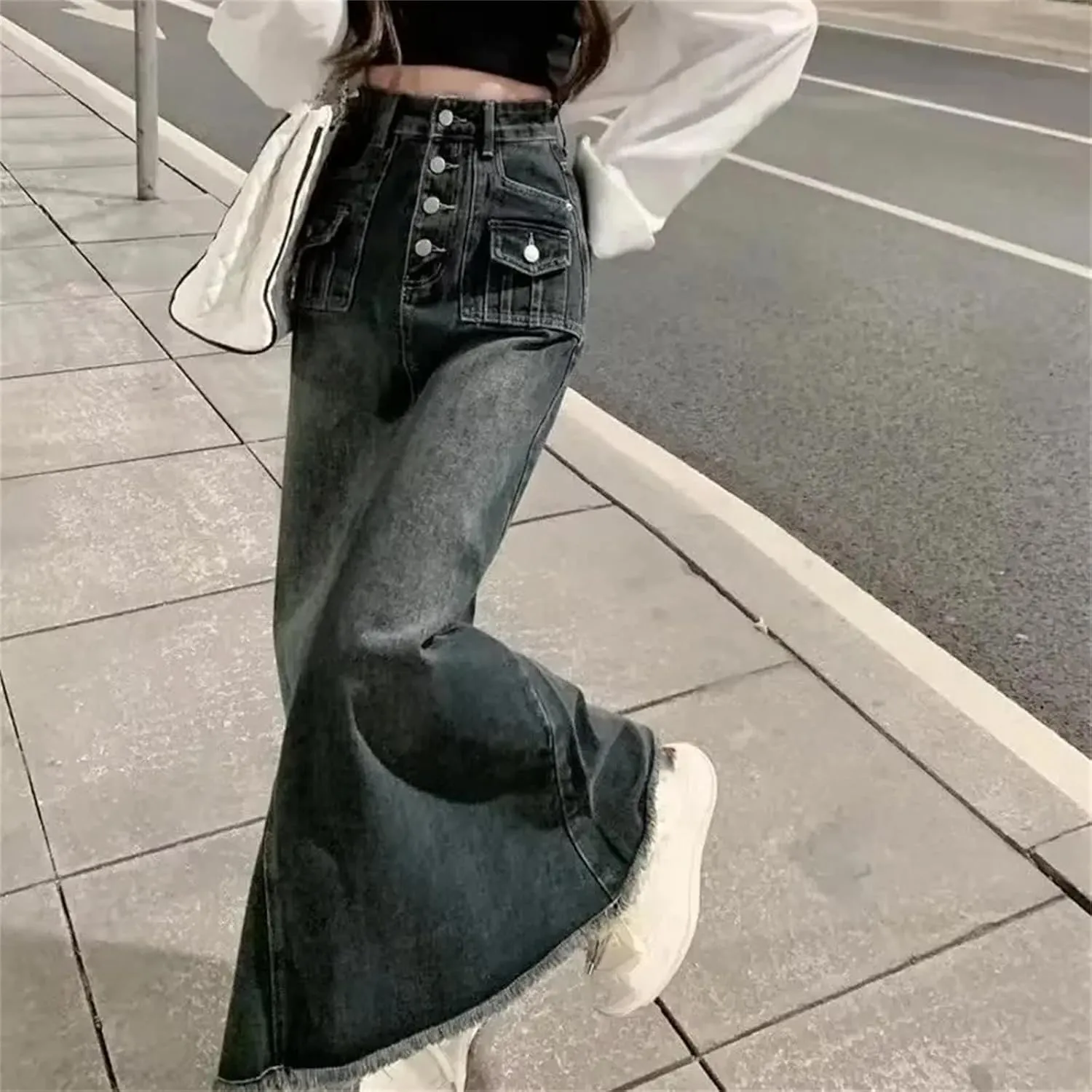 Women's Denim Skirt  Petite Vintage A-Line High-Waisted Slimming Mid-Length Dress for Spring