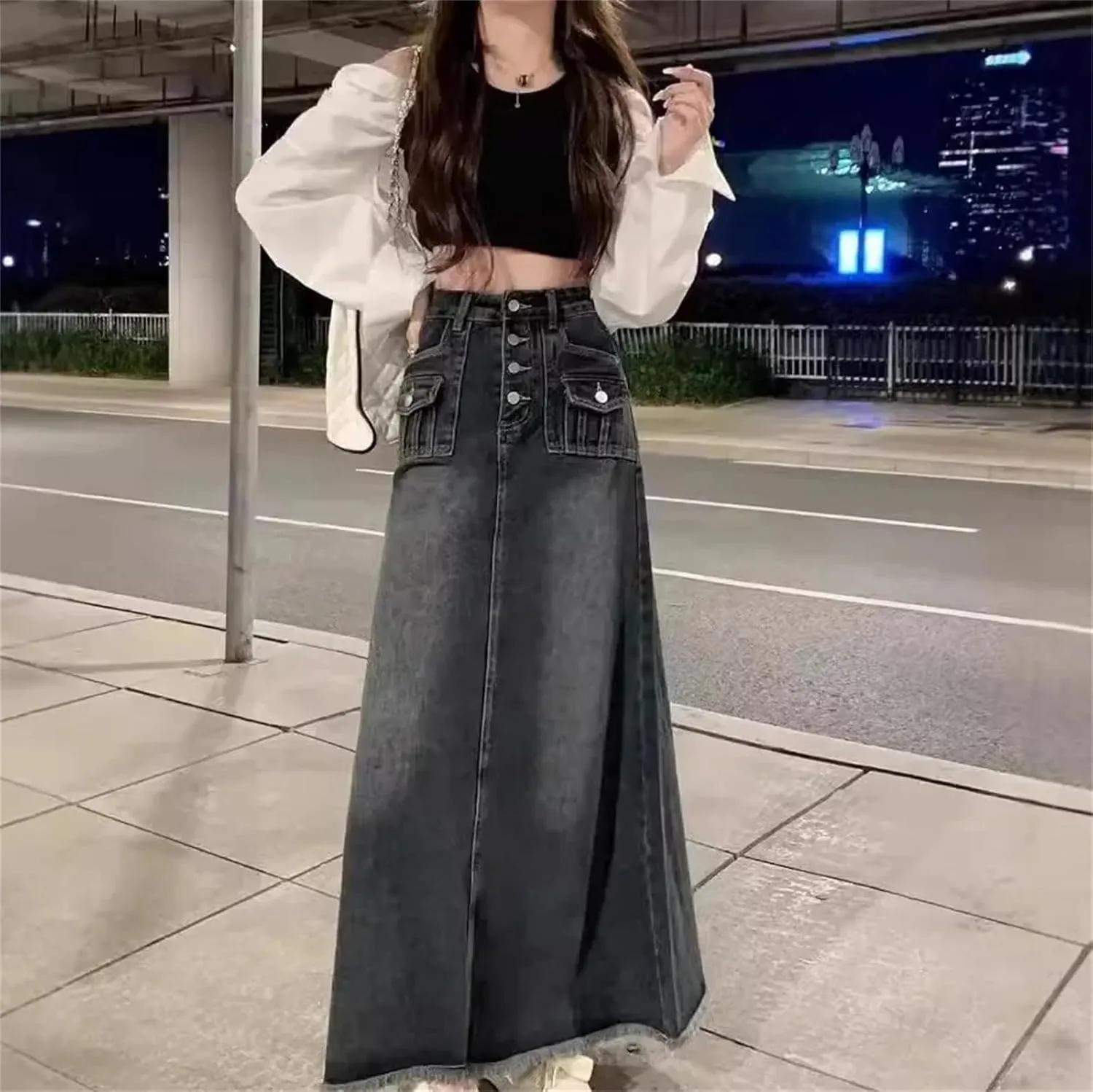 Women's Denim Skirt  Petite Vintage A-Line High-Waisted Slimming Mid-Length Dress for Spring