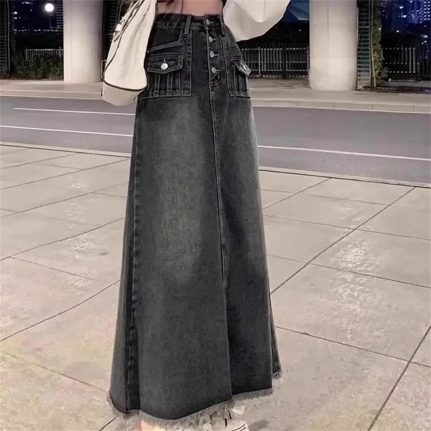 Women's Denim Skirt  Spring Summer Medium-Length High-Waisted Fringe A-Line Stretch Button-Up Dress with Pockets