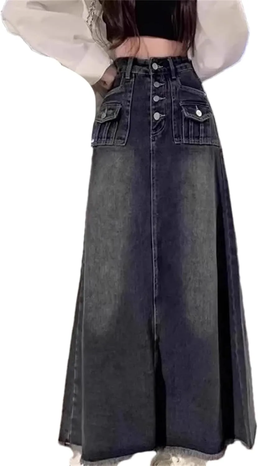 Women's Denim Skirt  Spring Summer Medium-Length High-Waisted Fringe A-Line Stretch Button-Up Dress with Pockets