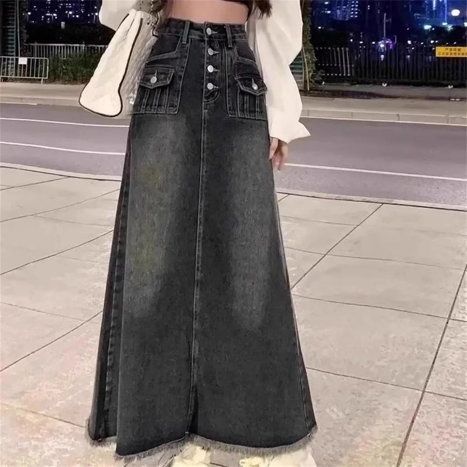 Women's Denim Skirt  Spring Summer Medium-Length High-Waisted Fringe A-Line Stretch Button-Up Dress with Pockets