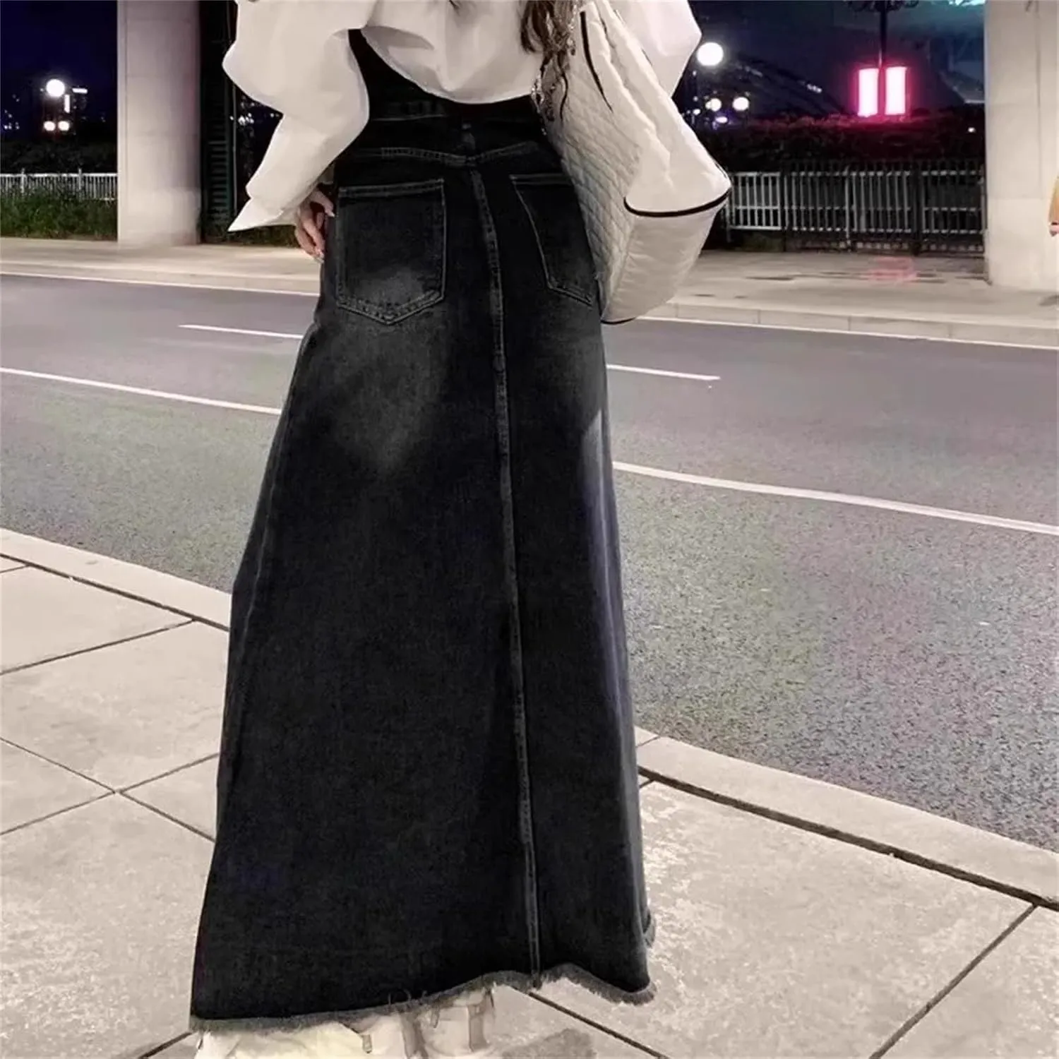 Women's Denim Skirt  Spring Summer Medium-Length High-Waisted Fringe A-Line Stretch Button-Up Dress with Pockets