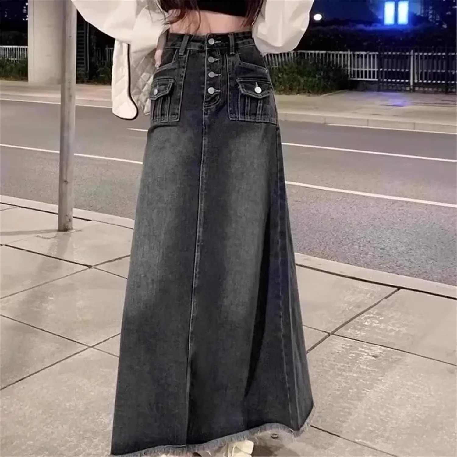 Women's Denim Skirt  Spring Summer Medium-Length High-Waisted Fringe A-Line Stretch Button-Up Dress with Pockets