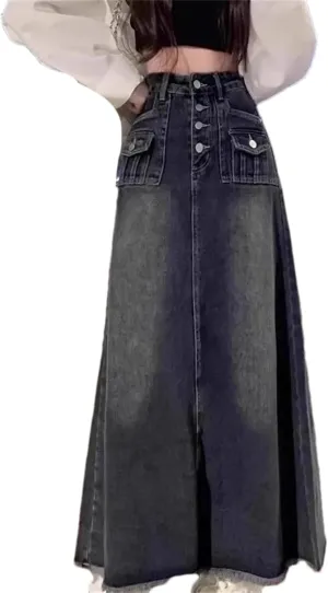 Women's Denim Skirt  Spring Summer Medium-Length High-Waisted Fringe A-Line Stretch Button-Up Dress with Pockets