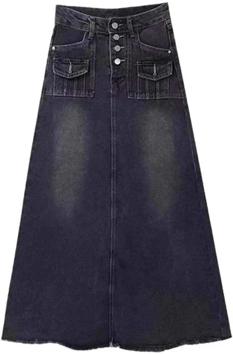 Women's Denim Skirt  Spring Summer Medium-Length High-Waisted Fringe A-Line Stretch Button-Up Dress with Pockets