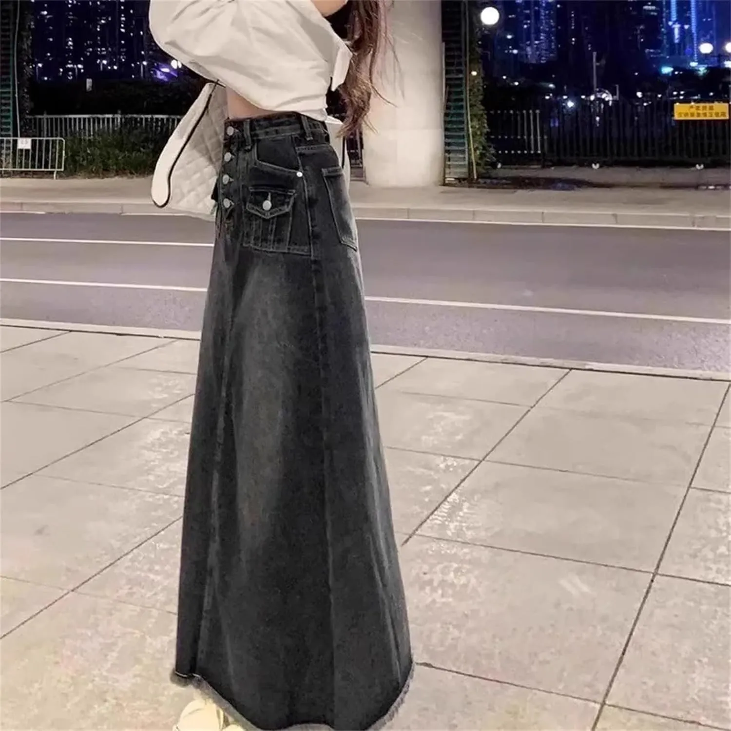 Women's Denim Skirt  Spring Summer Medium-Length High-Waisted Fringe A-Line Stretch Button-Up Dress with Pockets