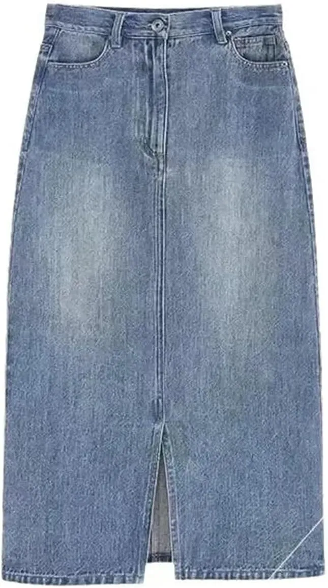 Women's Denim Skirt  Summer High-Waisted A-Line Medium-Length Petite Hip Covering Side Slit Long Dress