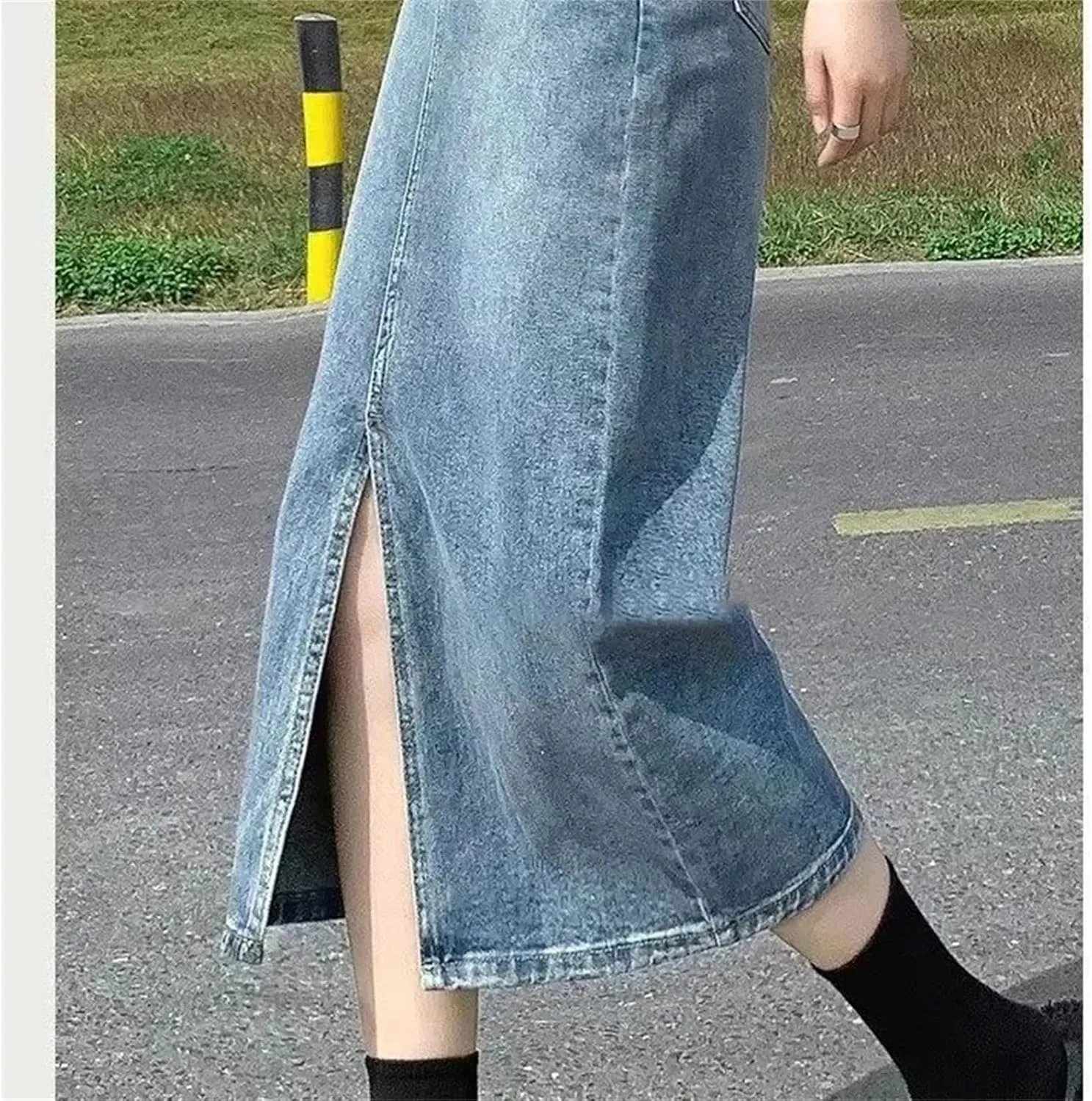 Women's Denim Skirt  Summer High-Waisted A-Line Medium-Length Petite Hip Covering Side Slit Long Dress