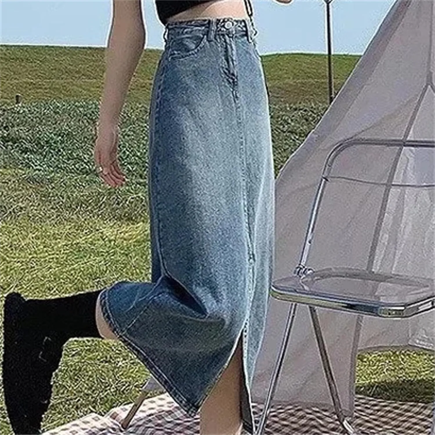 Women's Denim Skirt  Summer High-Waisted A-Line Medium-Length Petite Hip Covering Side Slit Long Dress