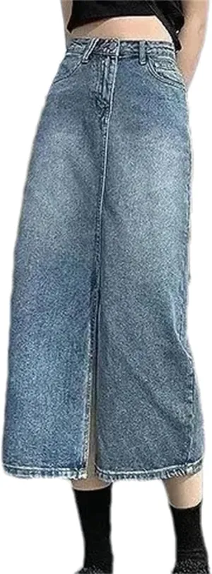 Women's Denim Skirt  Summer High-Waisted A-Line Medium-Length Petite Hip Covering Side Slit Long Dress
