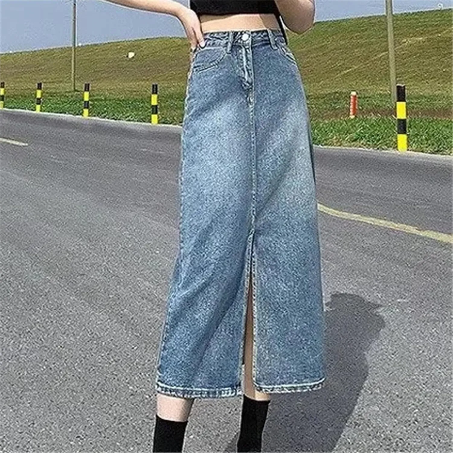 Women's Denim Skirt  Summer High-Waisted A-Line Medium-Length Petite Hip Covering Side Slit Long Dress