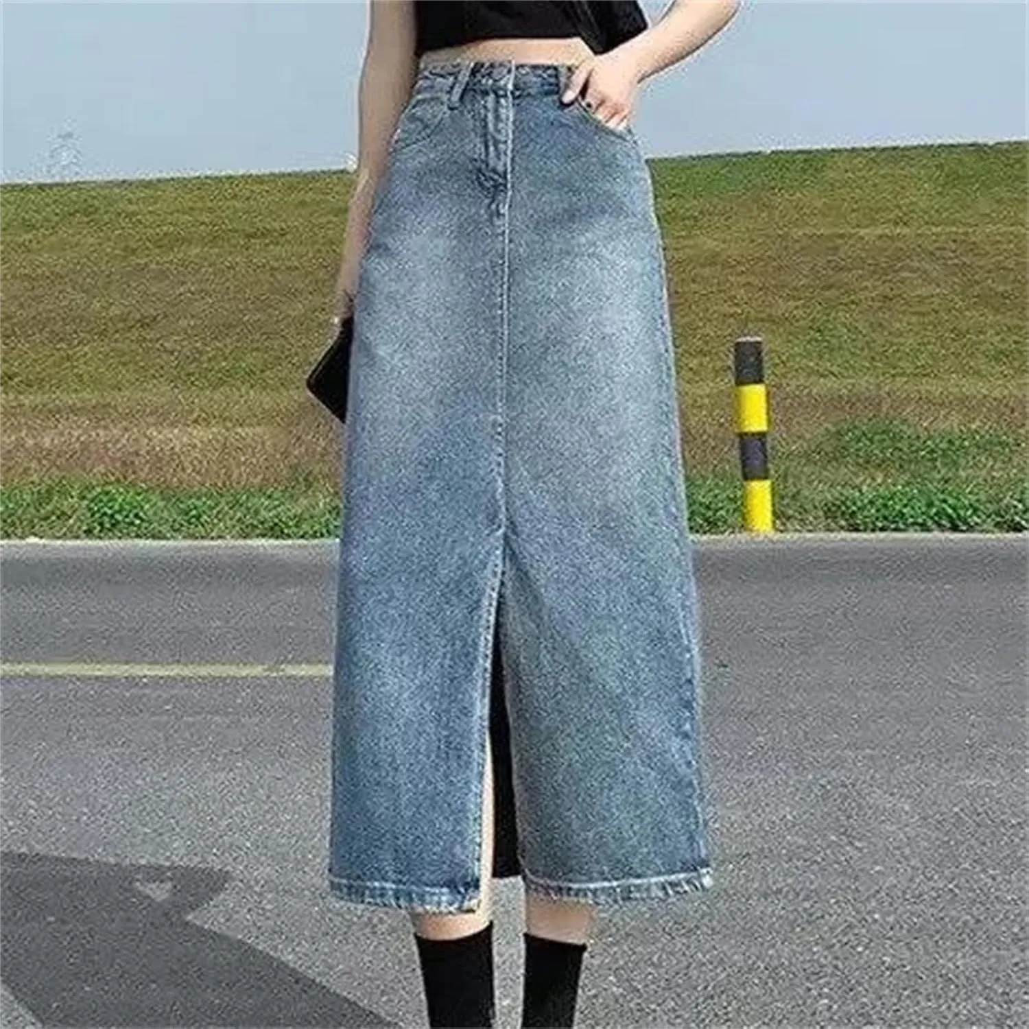 Women's Denim Skirt  Summer High-Waisted A-Line Medium-Length Petite Hip Covering Side Slit Long Dress
