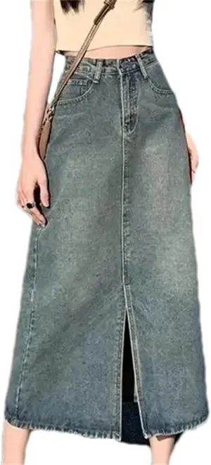 Women's Denim Skirt  Summer High-Waisted A-Line Petite Side Slit Half Dress