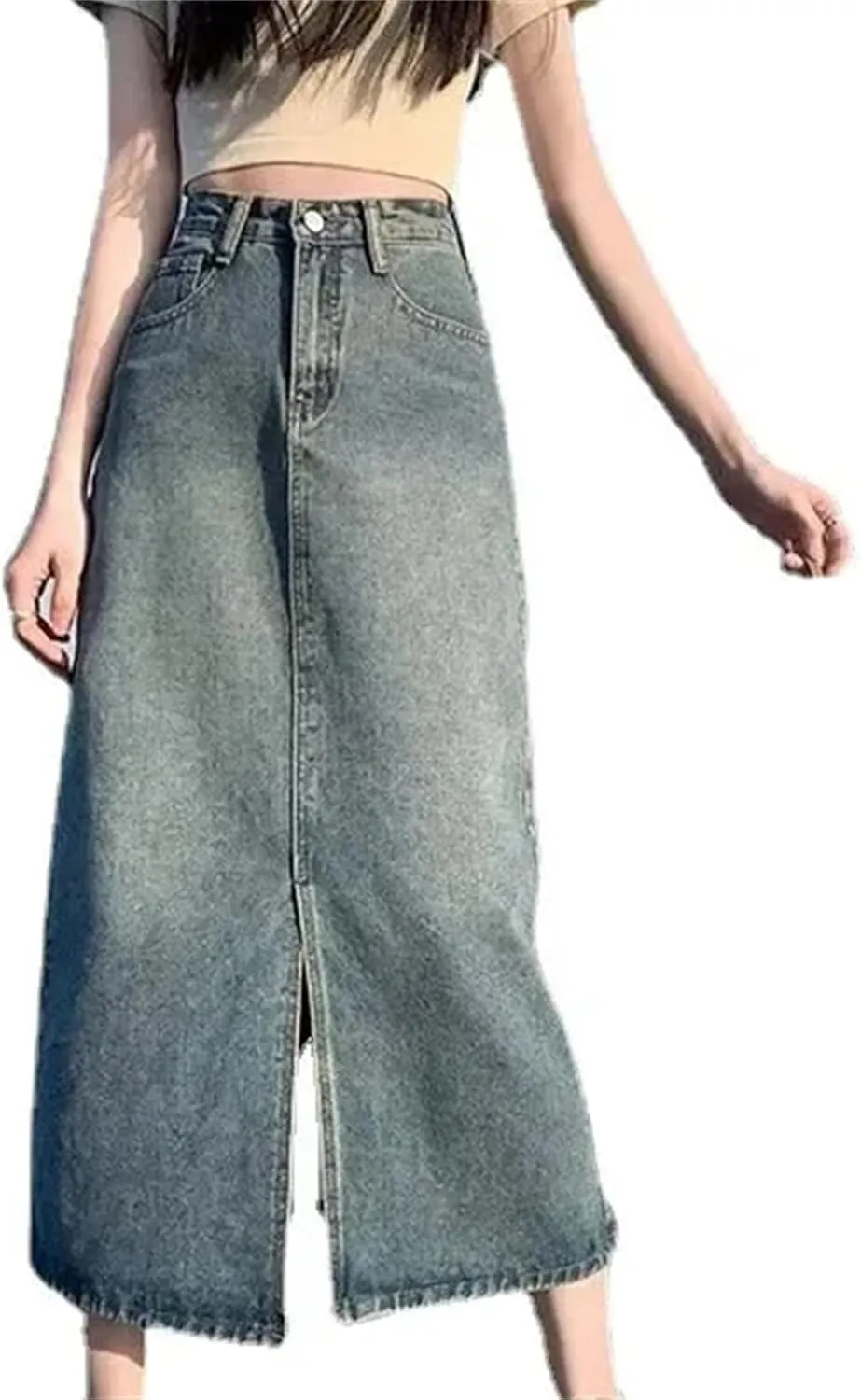 Women's Denim Skirt  Summer High-Waisted A-Line Petite Side Slit Half Dress