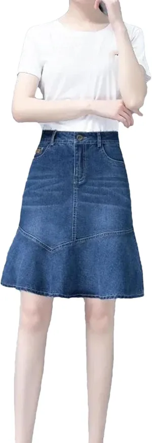 Women's Denim Skirt Zipper Ruffle with Pocket Jeans Skirts Fashion Harajuku Style High Waisted A-Line Skirt