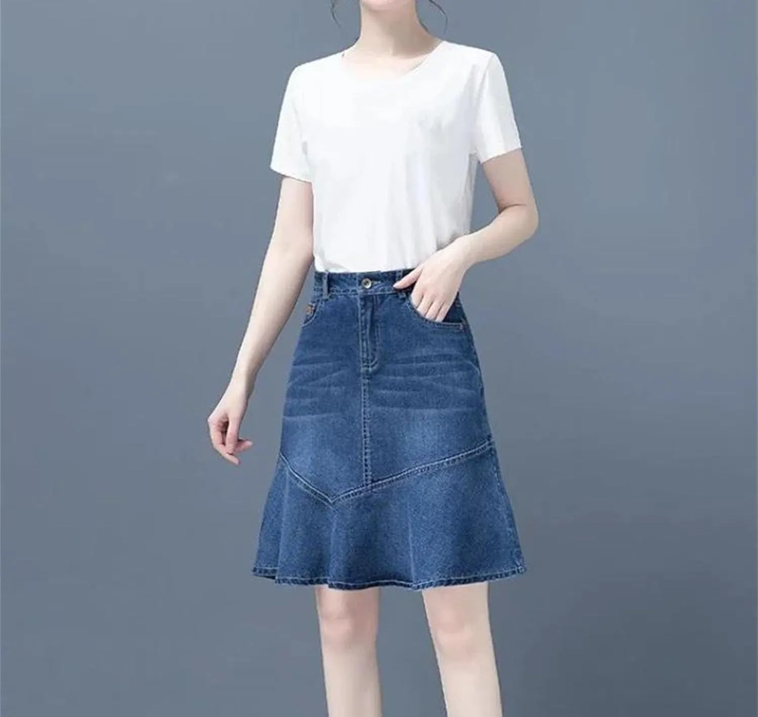 Women's Denim Skirt Zipper Ruffle with Pocket Jeans Skirts Fashion Harajuku Style High Waisted A-Line Skirt