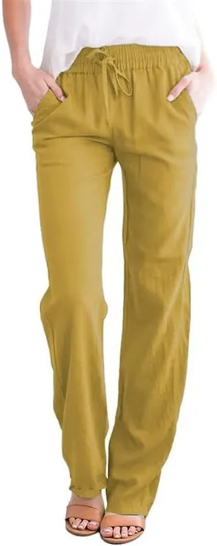 Women's Drawstring Elastic High Waist Trousers Solid Casual Loose Wide Leg Pants with Pockets