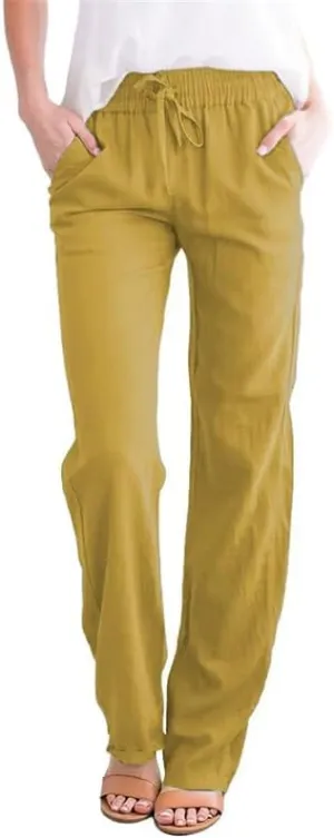 Women's Drawstring Elastic High Waist Trousers Solid Casual Loose Wide Leg Pants with Pockets