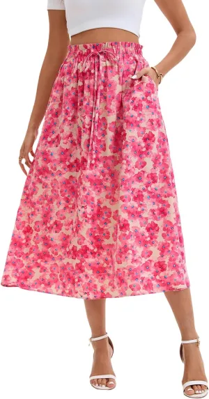 Women's Elastic Waist Skirt in Spring Summer and Autumn Leisure Printing Pocket High Waist Skirt