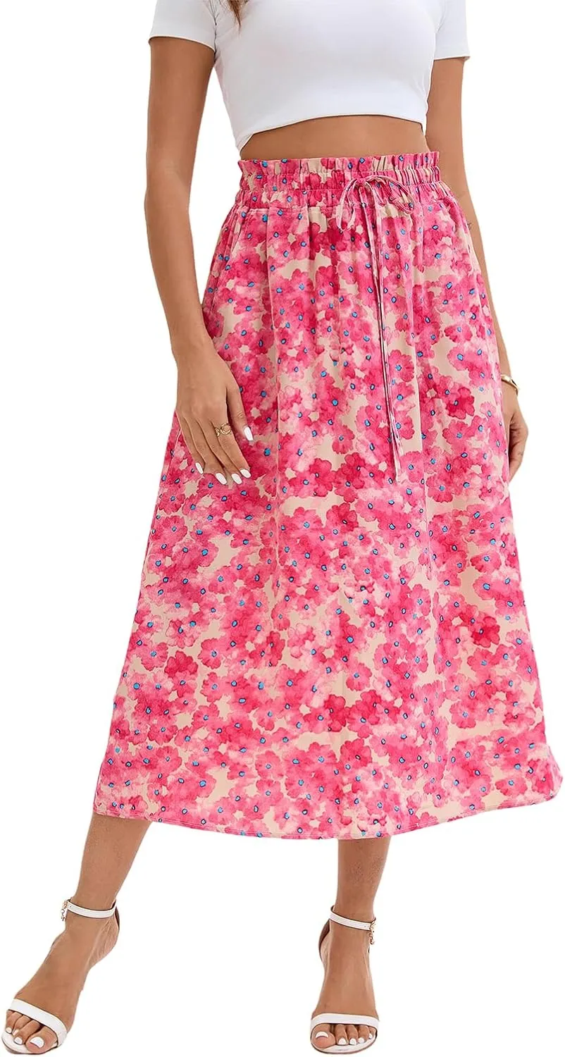 Women's Elastic Waist Skirt in Spring Summer and Autumn Leisure Printing Pocket High Waist Skirt
