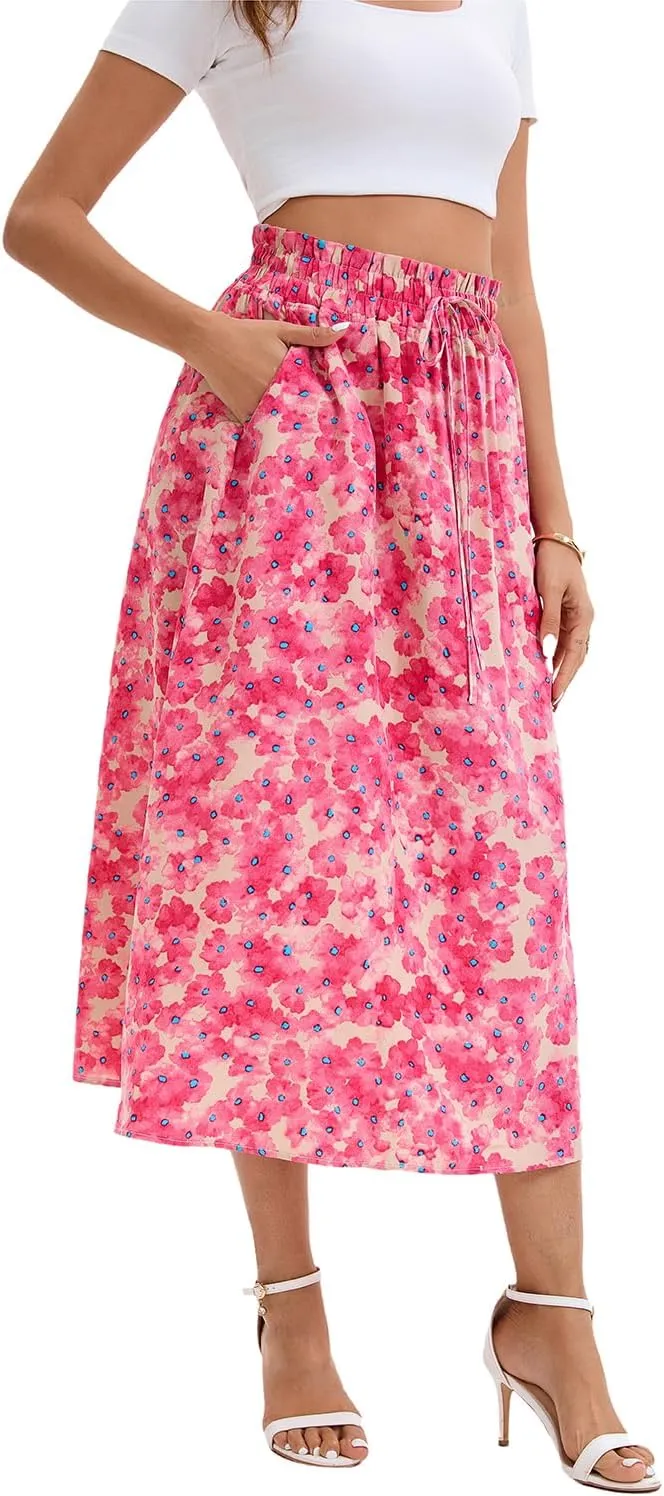 Women's Elastic Waist Skirt in Spring Summer and Autumn Leisure Printing Pocket High Waist Skirt