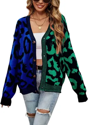 Women's Fall Color Block Leopard Print Cardigan Sweater Button Down Ribbed Knit Coatigan Coat