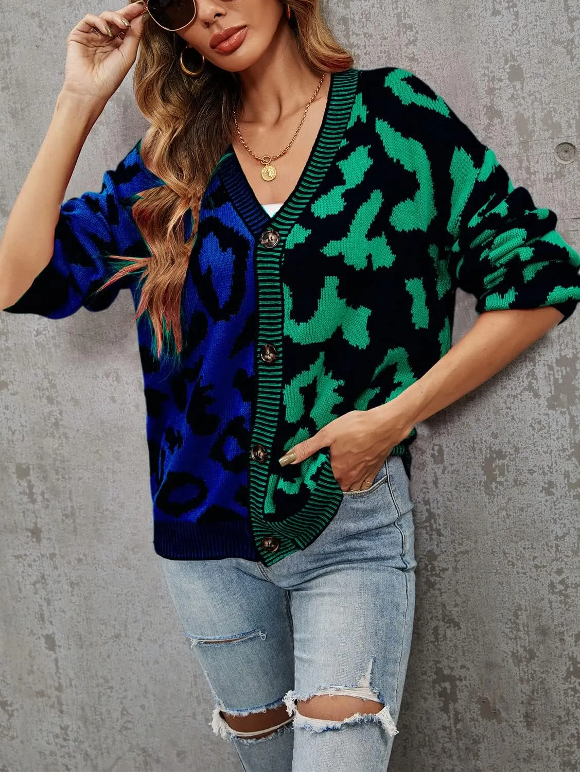 Women's Fall Color Block Leopard Print Cardigan Sweater Button Down Ribbed Knit Coatigan Coat