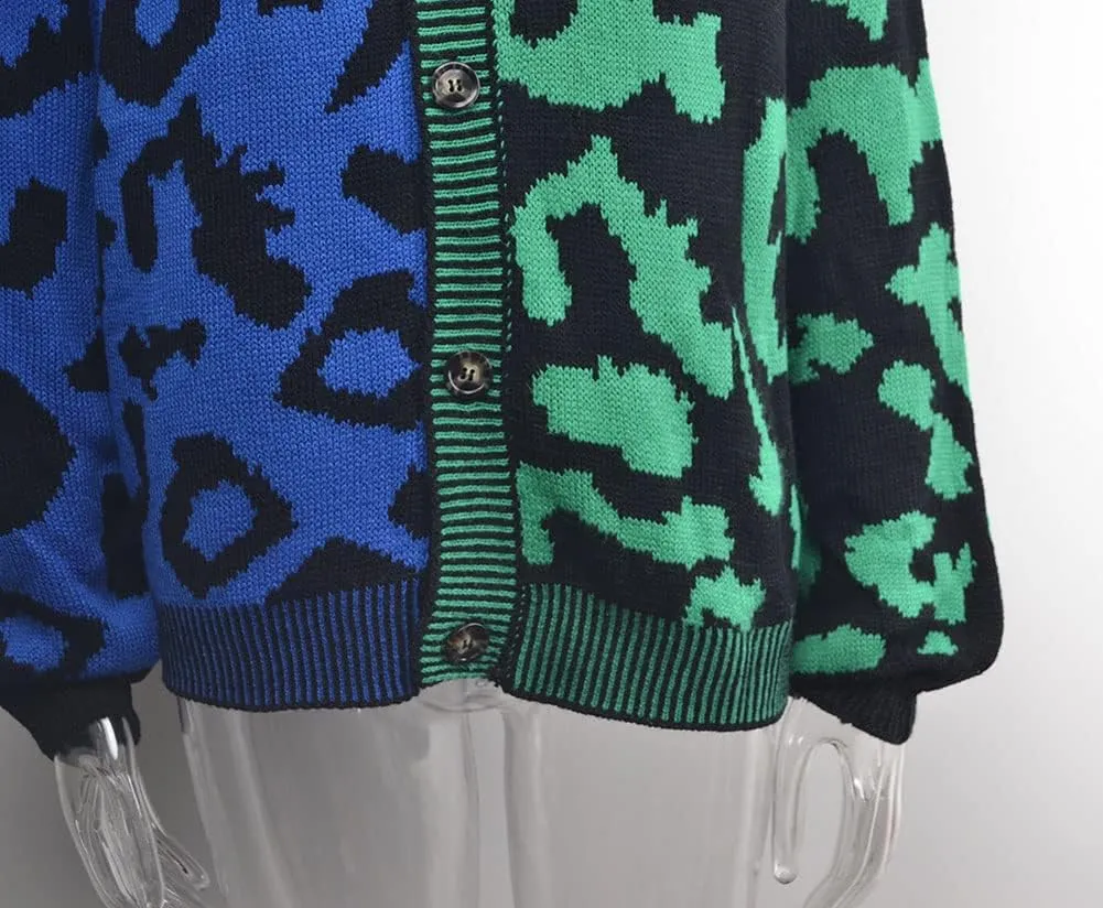 Women's Fall Color Block Leopard Print Cardigan Sweater Button Down Ribbed Knit Coatigan Coat