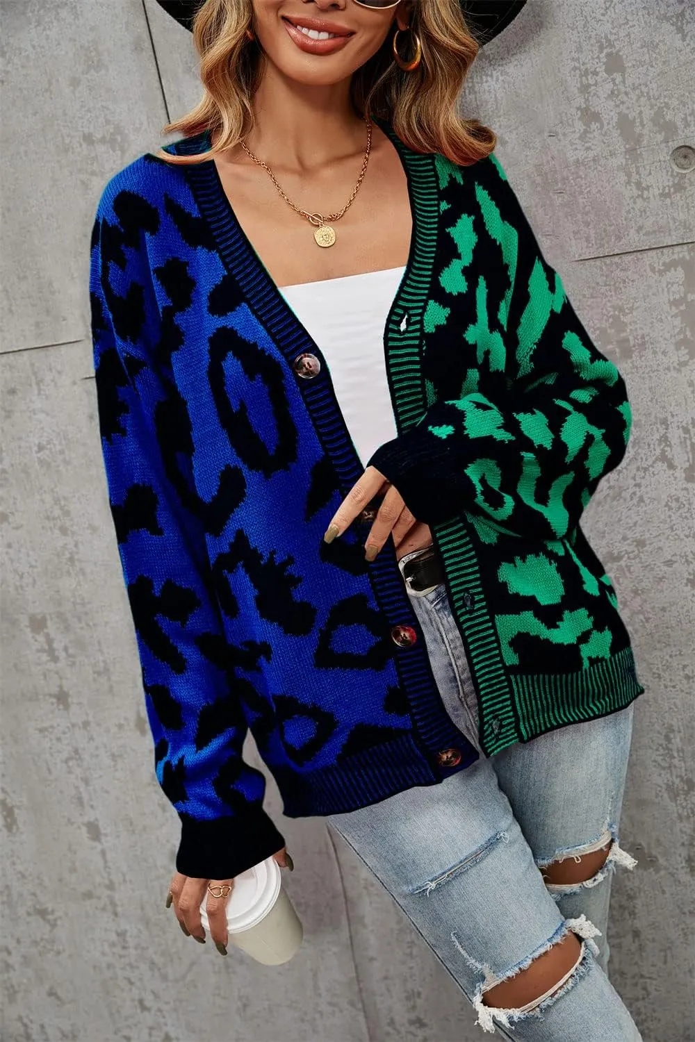 Women's Fall Color Block Leopard Print Cardigan Sweater Button Down Ribbed Knit Coatigan Coat