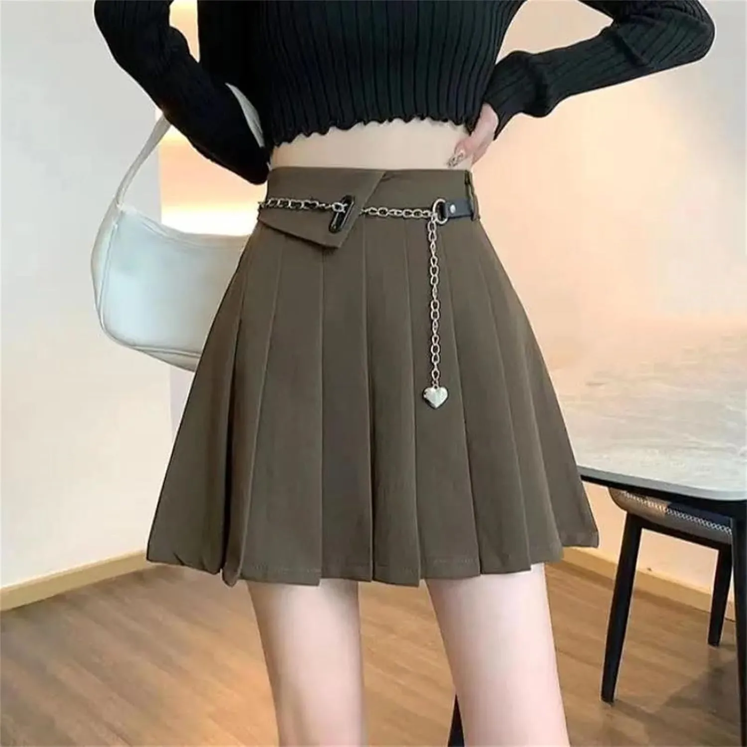 Women's Fashion High Waist Slim Casual Versatile Skirt Summer Solid Color A-Line Pleated Skirt