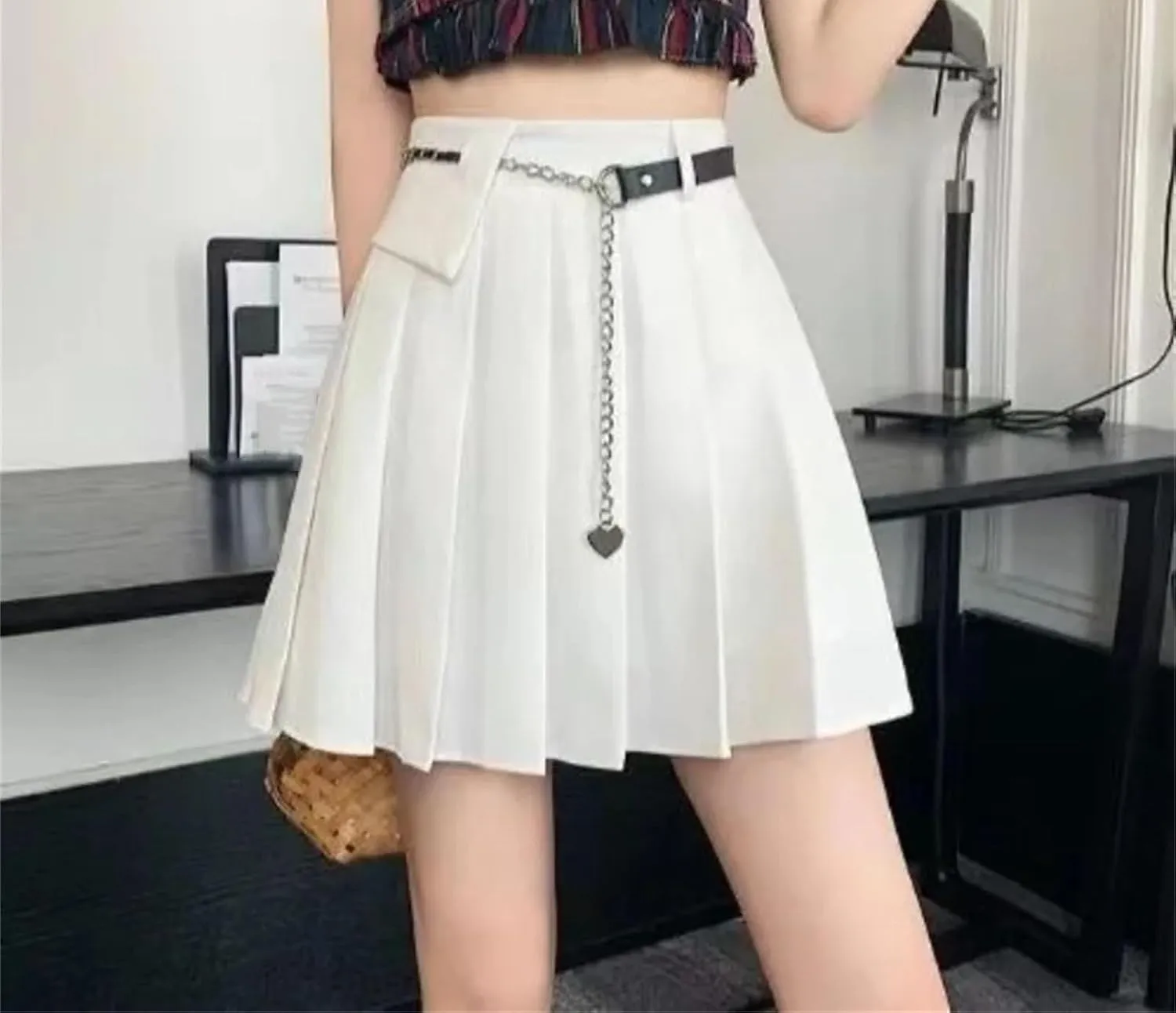 Women's Fashion High Waist Slim Casual Versatile Skirt Summer Solid Color A-Line Pleated Skirt