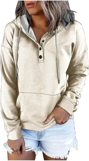Womens Fashion Hoodies Long Sleeve Button Sweatshirts V Neck Drawstring Shirts Comfy Casual Plain Tops with Pockets