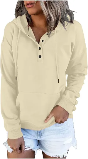 Womens Fashion Hoodies Long Sleeve Button Sweatshirts V Neck Drawstring Shirts Comfy Casual Plain Tops with Pockets