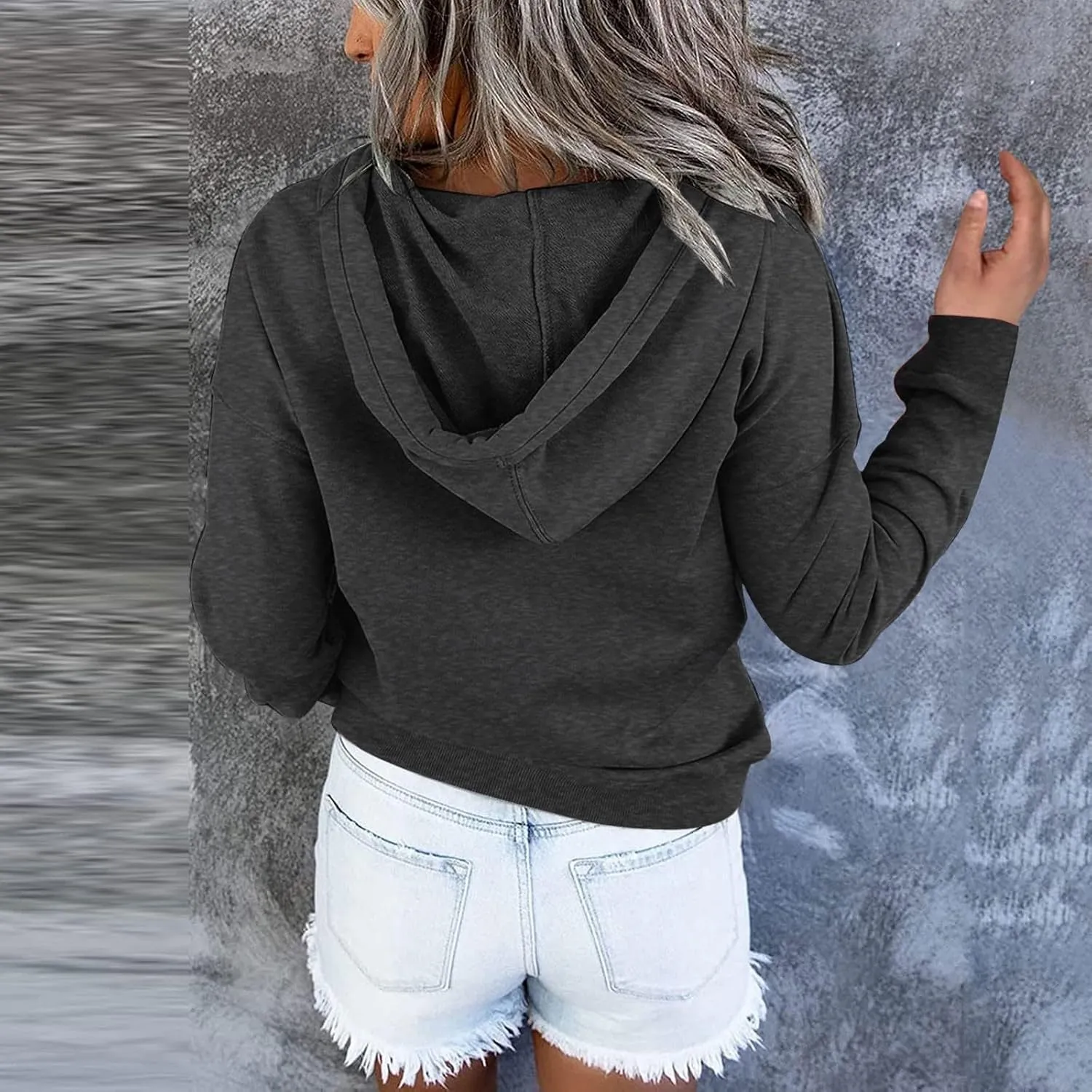 Womens Fashion Hoodies Long Sleeve Button Sweatshirts V Neck Drawstring Shirts Comfy Casual Plain Tops with Pockets
