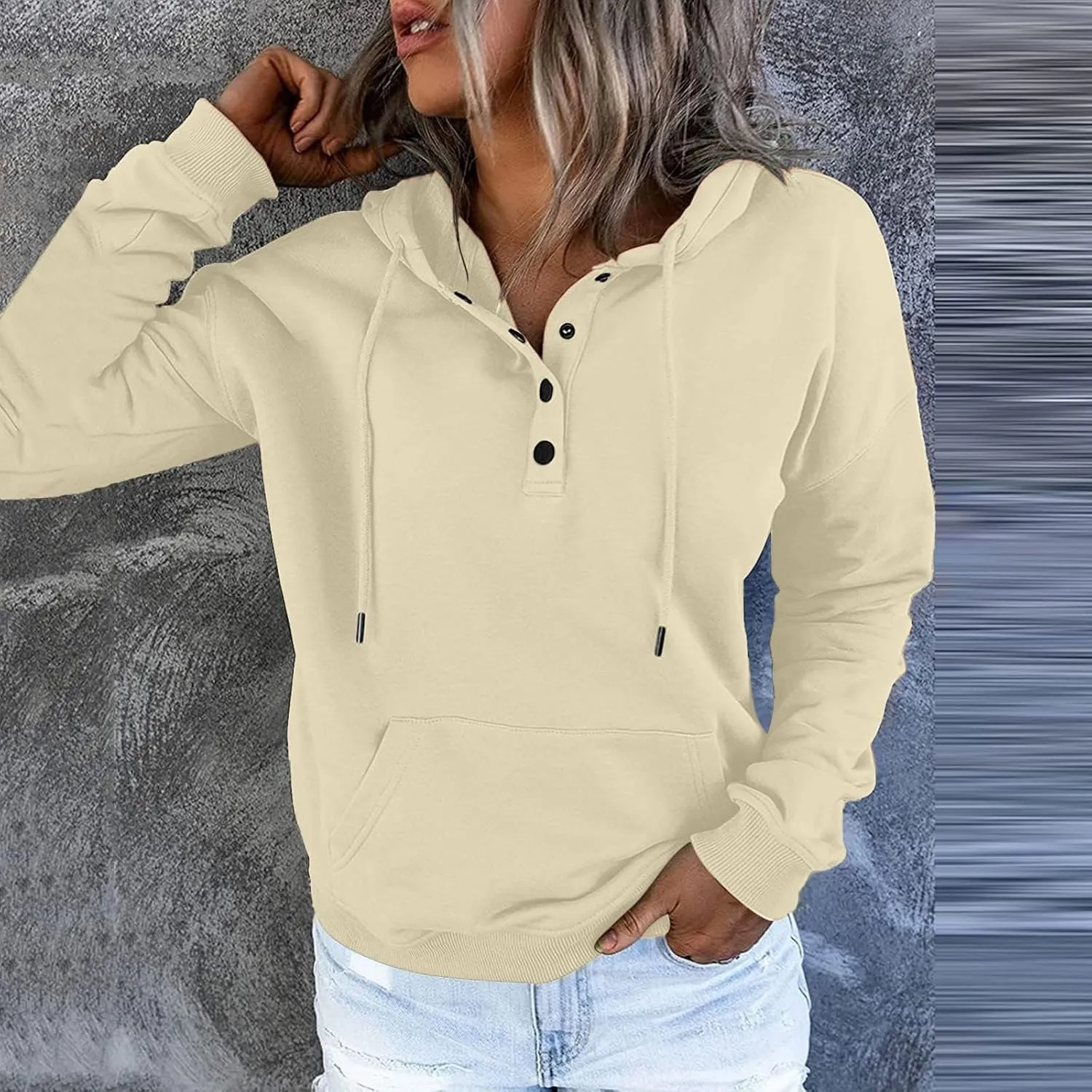 Womens Fashion Hoodies Long Sleeve Button Sweatshirts V Neck Drawstring Shirts Comfy Casual Plain Tops with Pockets
