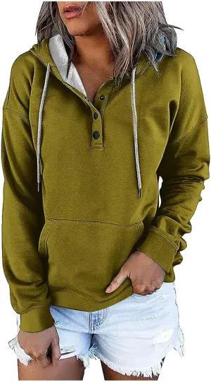 Womens Fashion Hoodies Long Sleeve Button Sweatshirts V Neck Drawstring Shirts Comfy Casual Plain Tops with Pockets