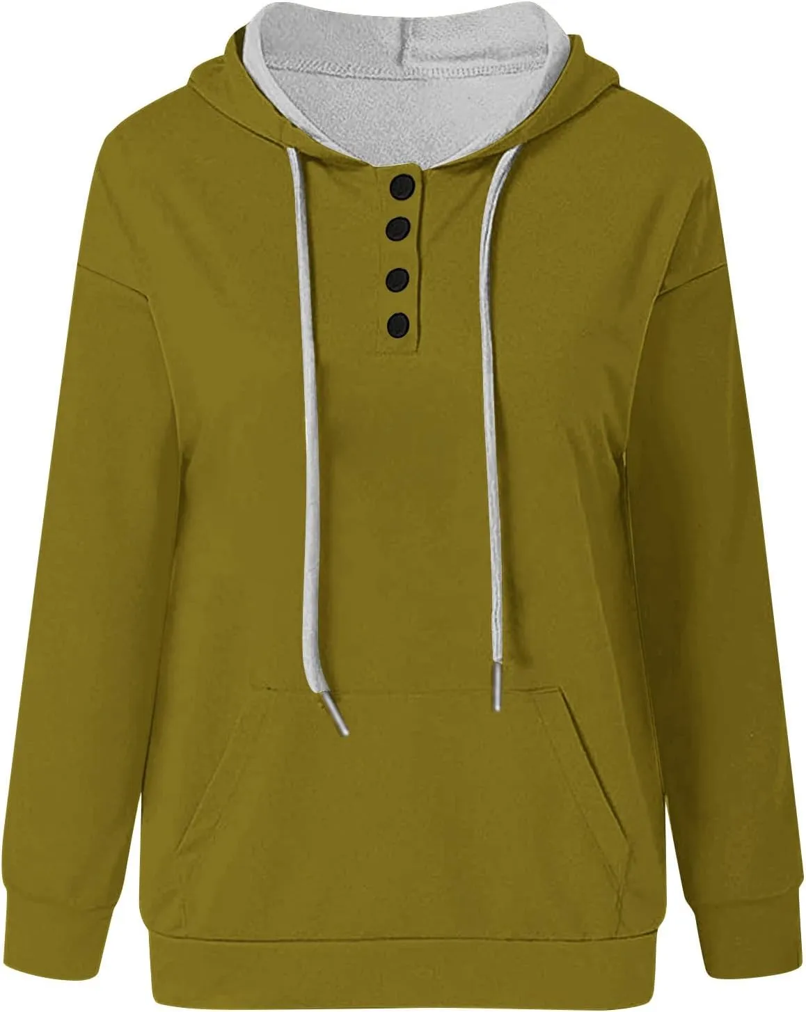 Womens Fashion Hoodies Long Sleeve Button Sweatshirts V Neck Drawstring Shirts Comfy Casual Plain Tops with Pockets