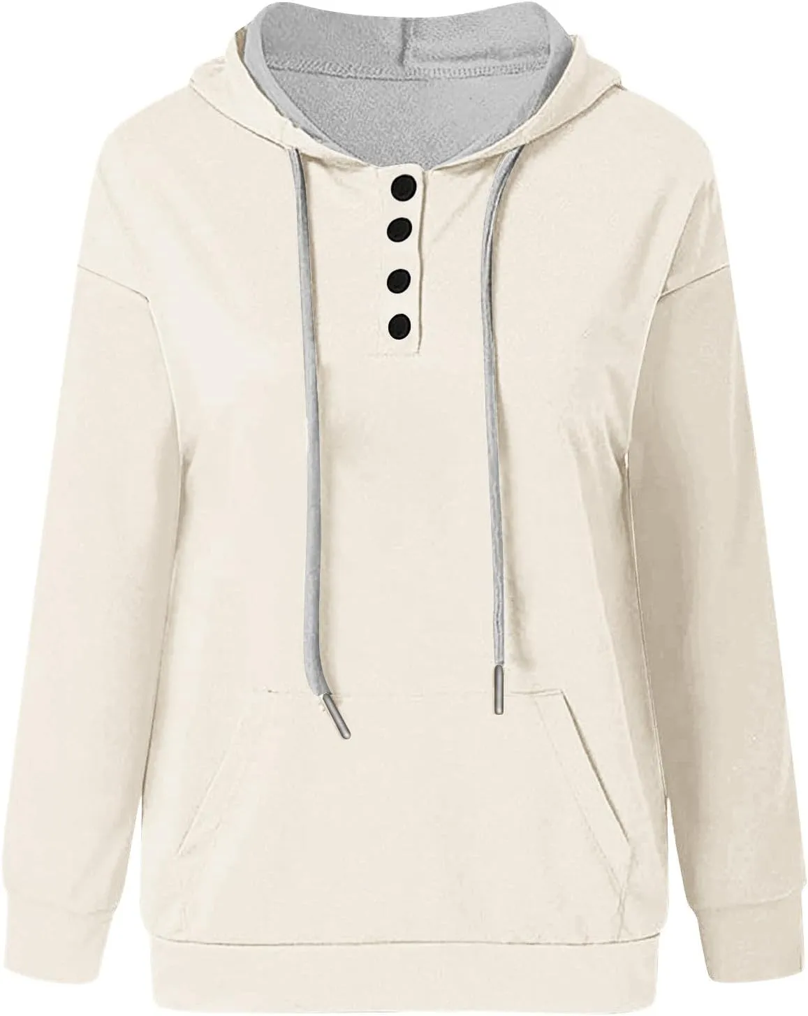 Womens Fashion Hoodies Long Sleeve Button Sweatshirts V Neck Drawstring Shirts Comfy Casual Plain Tops with Pockets